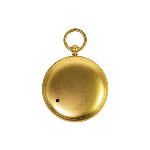 303 - A late 19th century gilt brass pocket aneroid barometer. With a silvered dial and curved mercury tub... 