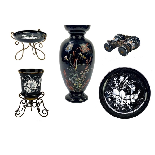 333 - An unusual pair of Victorian black glass inkwells modelled as opera glasses. With enamelled and jewe... 