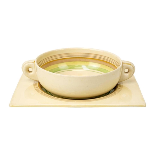 342 - A Clarice Cliff Biarritz banded design twin handled soup bowl and stand. Diameter 11.5cm together wi... 