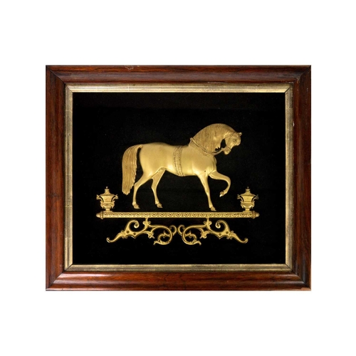 35 - A Victorian gilt metal relief picture of a horse. Cast in a trotting pose, within a glazed rosewood ... 