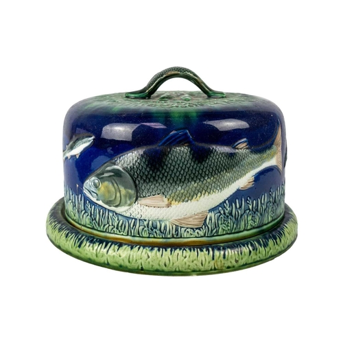 355 - An English Majolica cheese dome and stand. Probably Joseph Holdcroft, with fish moulded handle and d... 