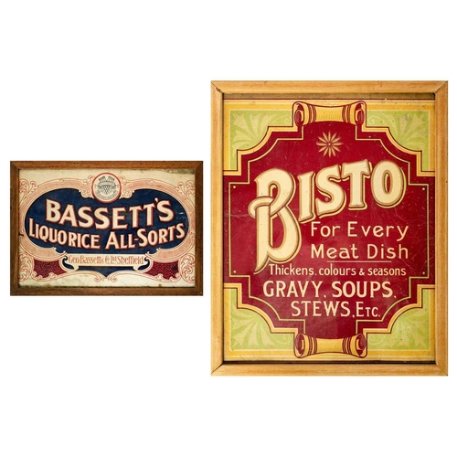 36 - Two vintage printed card advertisements. 'Bisto for every meat dish...', and 'Bassett's Liquorice Al... 