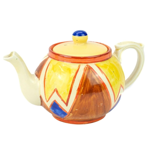 360 - A Clarice Cliff Original Bizarre pattern tea pot and associated cover. Hand written Bizarre and prin... 