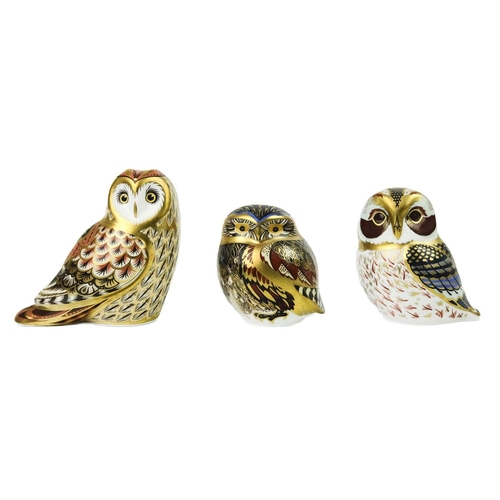 369 - Three Royal Crown Derby paperweights. Comprising 'Short Eared Owl', 'Tawny Owl' and 'Small Owl'.