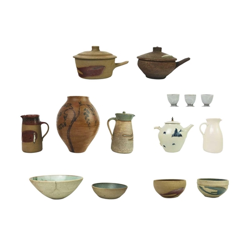 370 - Alan Brough Studio pottery. A small collection, including a vase, three jugs, egg cups and bowls, ma... 