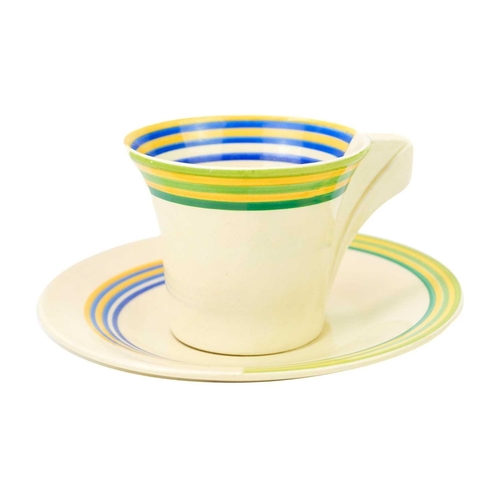 372 - A Clarice Cliff Banded pattern daffodil shape cup and saucer. Bizarre Newport Pottery marks and gold... 