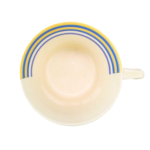 372 - A Clarice Cliff Banded pattern daffodil shape cup and saucer. Bizarre Newport Pottery marks and gold... 