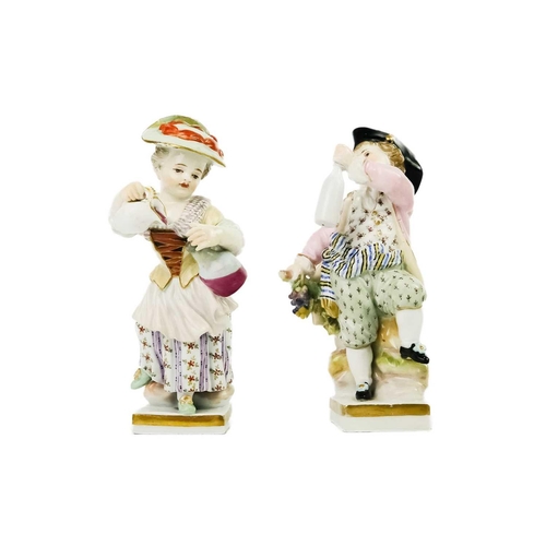 381 - A pair of Meissen porcelain figures of child vintners. Height 10cm. (2) The girl has glued repairs o... 