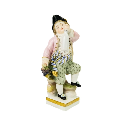 381 - A pair of Meissen porcelain figures of child vintners. Height 10cm. (2) The girl has glued repairs o... 