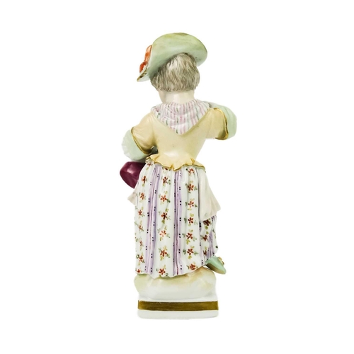 381 - A pair of Meissen porcelain figures of child vintners. Height 10cm. (2) The girl has glued repairs o... 