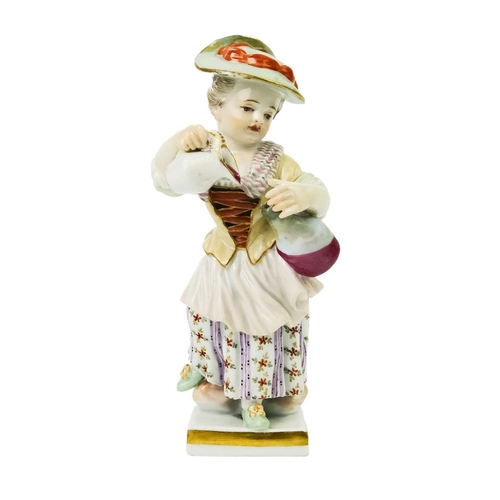 381 - A pair of Meissen porcelain figures of child vintners. Height 10cm. (2) The girl has glued repairs o... 