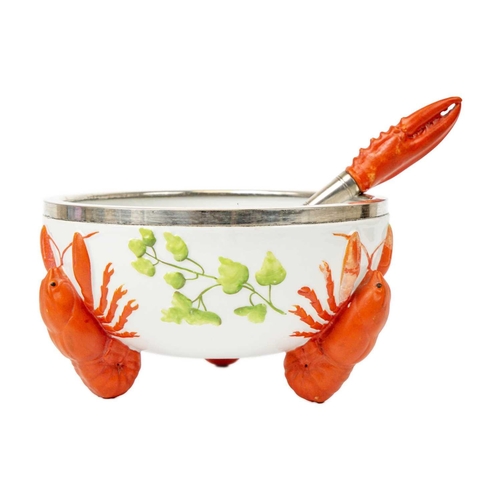 383 - A porcelain salad bowl. Moulded with three lobster supports, with a WMF plated mount, and a serving ... 