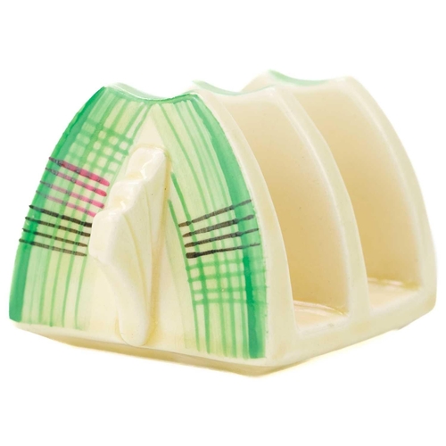 384 - A Clarice Cliff Tartan (green) pattern daffodil shape toast rack. Wilkinson Ltd marks, height 5cm. A... 