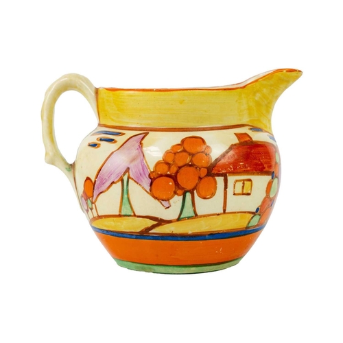 386 - A Clarice Cliff Seven Colour Trees & House pattern Perth jug. Fantasque Wilkinson Ltd mark, height 8... 