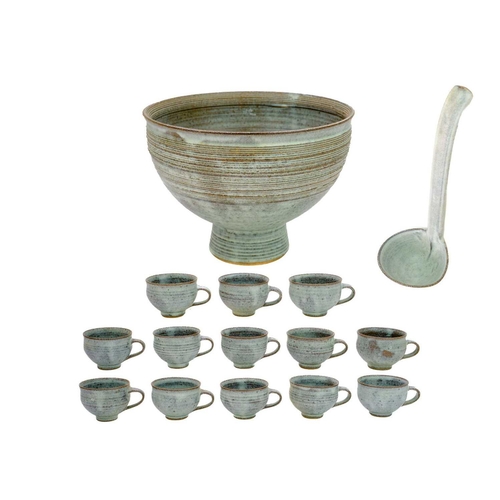 390 - Louis Hanssen (1934-1968) A studio pottery punch bowl, with ladle, and thirteen cups. Impressed mark... 