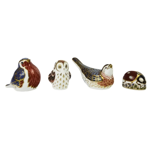 423 - Four Royal Crown Derby paperweights. Comprising 'Robin', 'Owlet', 'Bluebird' and 'Ladybird'.