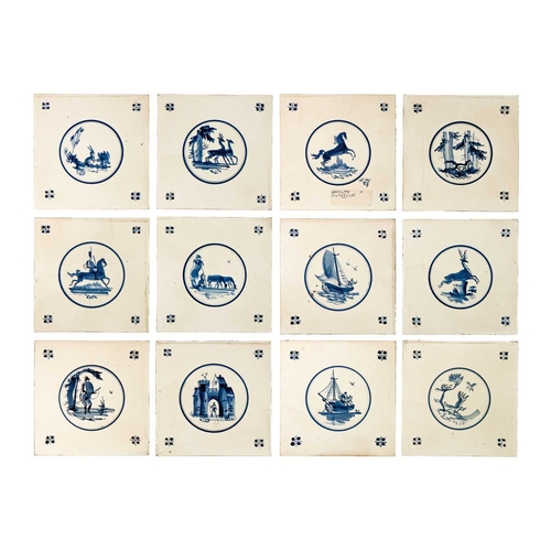 428 - A group of 12 German Malacca tiles. Hand painted in blue and white, with Delft style scenes of figur... 