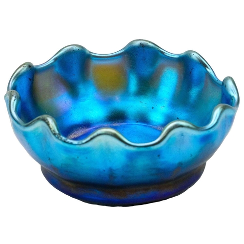 431 - A Tiffany Favrile iridescent blue glass salt or miniature bowl With scalloped rim, initialled L.C.T.... 