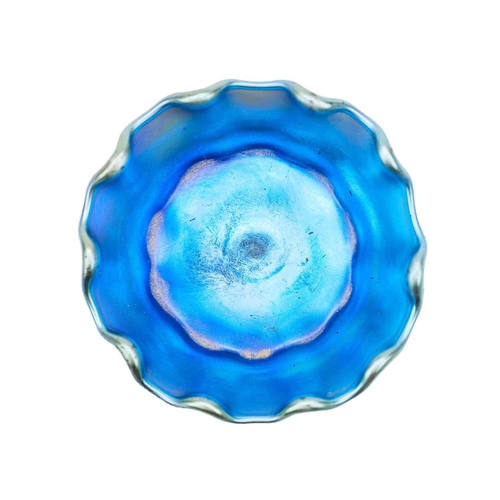 431 - A Tiffany Favrile iridescent blue glass salt or miniature bowl With scalloped rim, initialled L.C.T.... 