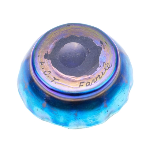 431 - A Tiffany Favrile iridescent blue glass salt or miniature bowl With scalloped rim, initialled L.C.T.... 