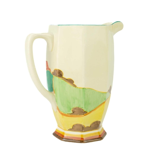 436 - A Clarice Cliff Seven Colour Secrets pattern Athens jug. Bizarre Newport Pottery marks, height 20cm.... 