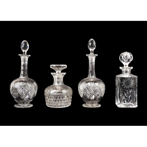 437 - A pair of shaft and globe cut glass decanters and stoppers. 1920s, together with four wines and four... 