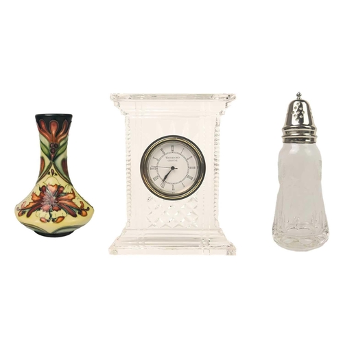 439 - A Moorcroft Florian Dream small vase. Height 11cm, a Waterford crystal clock, and a Royal Doulton su... 