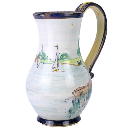 459 - A Richard Wilson studio pottery jug. Of bulbous form with painted decoration, impressed seal mark, h... 