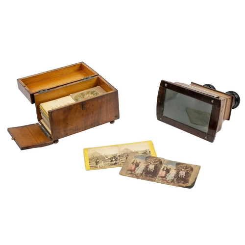 46 - A Victorian walnut cased Brewster type stereoscopic viewer. Length 19cm, together with a mahogany bo... 