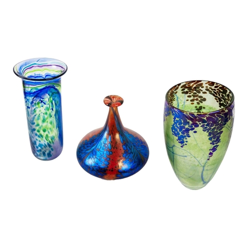 462 - Siddy Langley, three studio glass pieces. Comprising a red and iridescent purple vase, signed and da... 