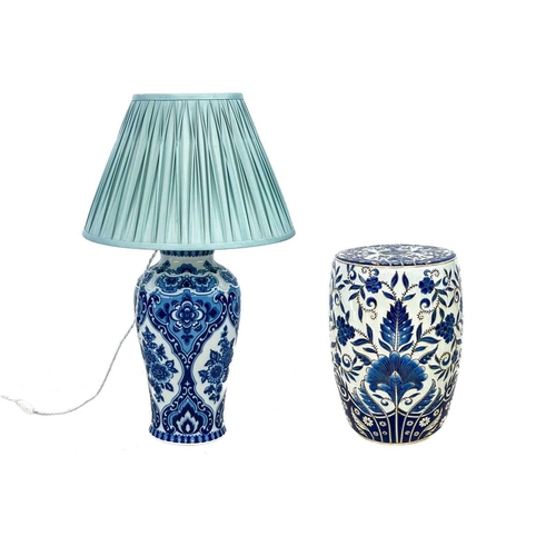 466 - An Echt Kobalt porcelain blue and white table lamp. Height 45cm together with a porcelain garden sea... 