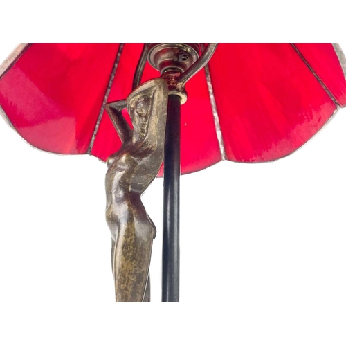 467 - A bronzed metal figural table lamp base after Moreau, modelled with a female nude. With Tiffany styl... 