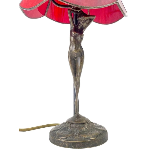 467 - A bronzed metal figural table lamp base after Moreau, modelled with a female nude. With Tiffany styl... 