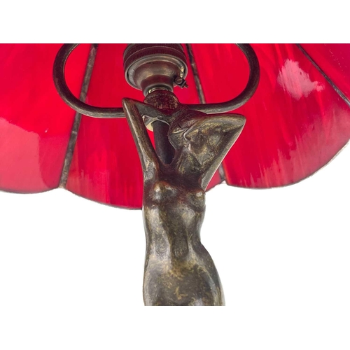 467 - A bronzed metal figural table lamp base after Moreau, modelled with a female nude. With Tiffany styl... 