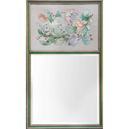 479 - An Art Deco oak framed and green finished wall mirror. With inset embroidered panel by Joan Kerr, wo... 