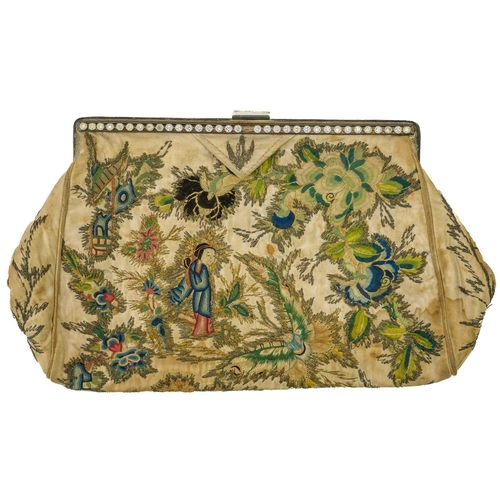 501 - A ladies Chinese clutch bag, embroidered in coloured and metallic silks. With a figure surrounded by... 