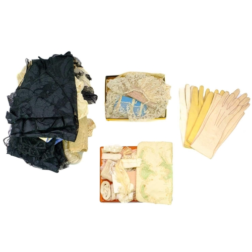 510 - A collection of various lace. Together with a 19th century silk drawstring bag and kid leather glove... 