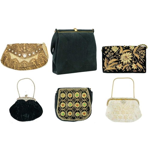 514 - A collection of ladies evening bags. Comprising a 1940s 'Corde' black cord handbag, 17.5cm x 19cm (e... 