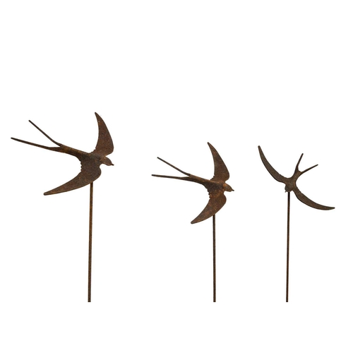 531 - Three wrought iron swallows garden ornaments. Height 146cm.