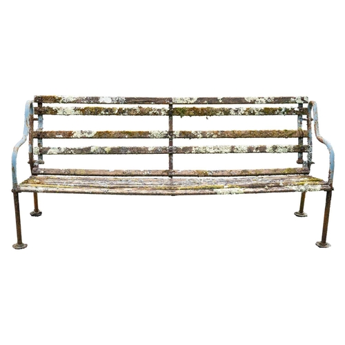 542 - A cast metal and slatted wood garden bench, and a wrought metal and slatted wood bench. 190cm and 12... 