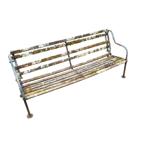 542 - A cast metal and slatted wood garden bench, and a wrought metal and slatted wood bench. 190cm and 12... 