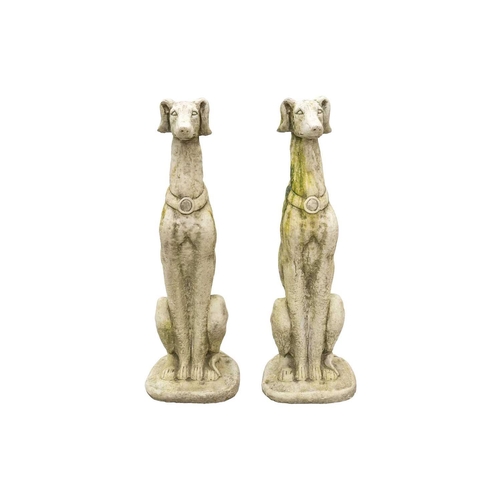 548 - A pair of large reconstituted stone seated whippet garden ornaments. Height 84cm.