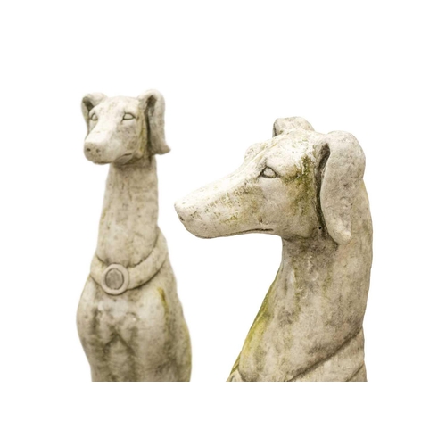 548 - A pair of large reconstituted stone seated whippet garden ornaments. Height 84cm.