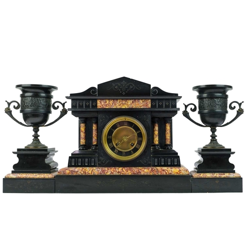 565 - A French black slate and marble clock garniture. Late 19th century, the case of architectural form, ... 