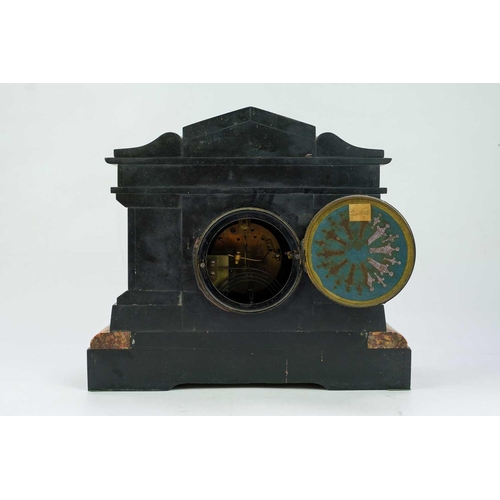 565 - A French black slate and marble clock garniture. Late 19th century, the case of architectural form, ... 