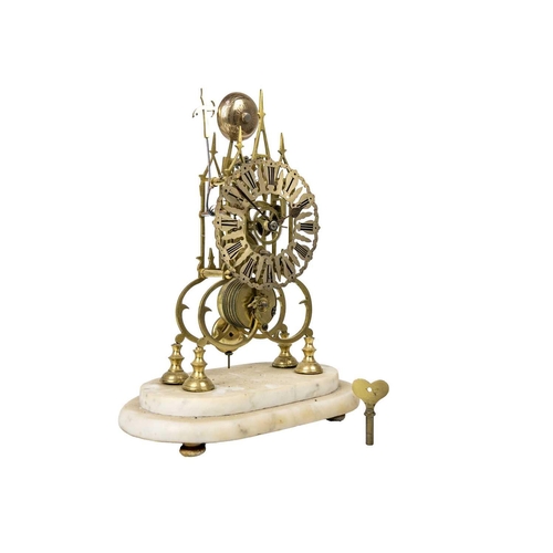 575 - An English brass cathedral skeleton clock. 20th century, with triple steeple open frame, single fuse... 