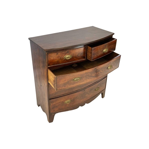 578 - A 19th century flame mahogany bow front chest of drawers. With two short and three long drawers on s... 