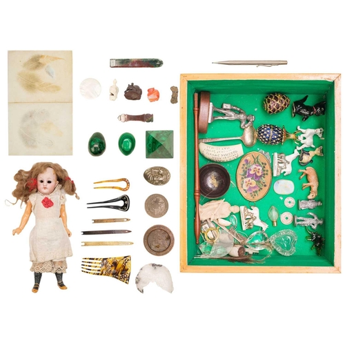 58 - An assortment of collectibles and sundry. Including a German porcelain head doll, a turned bone whis... 