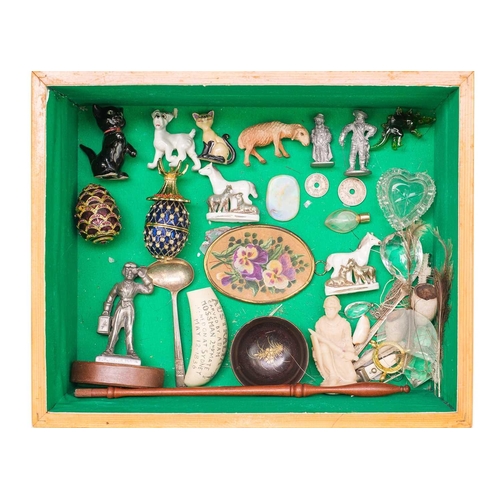 58 - An assortment of collectibles and sundry. Including a German porcelain head doll, a turned bone whis... 