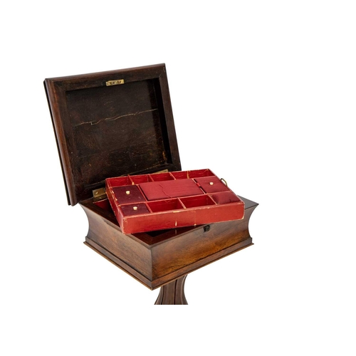 602 - A Victorian rosewood work box. The sarcophagus top with a pull-out tray, probably originally a teapo... 